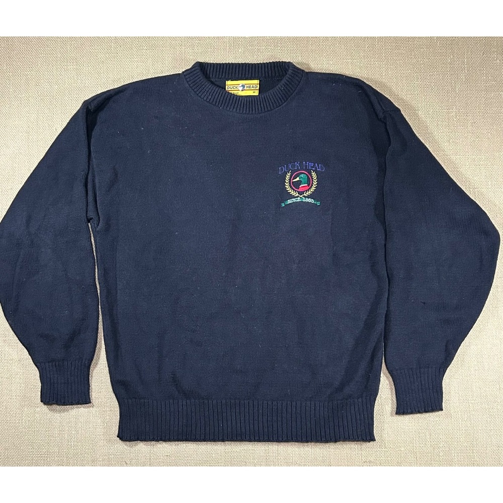 Duck Head Mens Navy Blue Embroidered Logo Crewneck Sweater Vintage Made in USA M